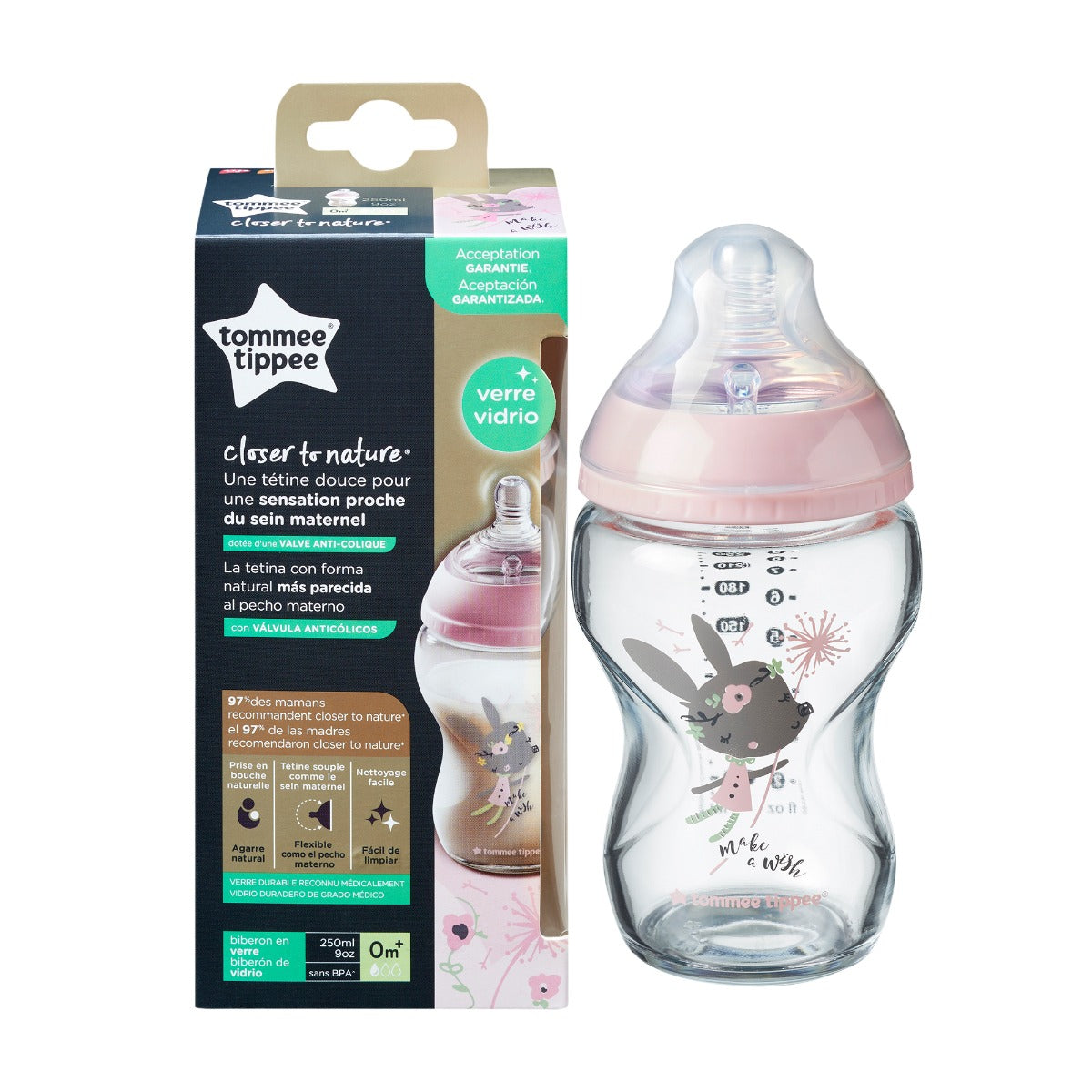 Tommee Tippee biberon sticla Closer To Nature 250 ml 0m+ Roz cu iepuras
