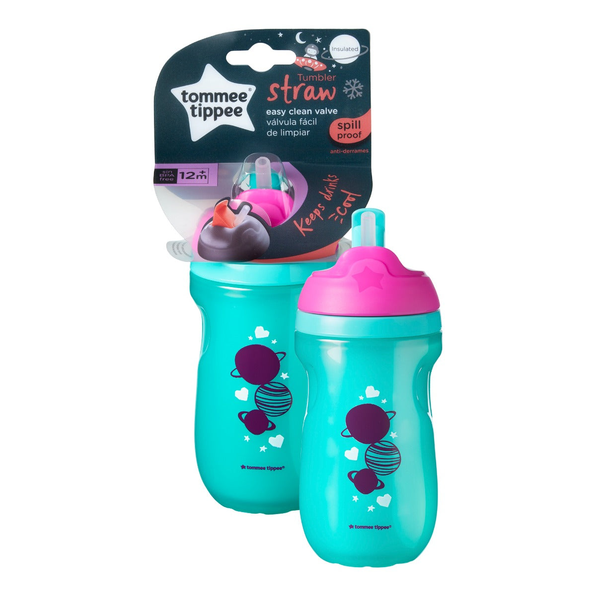 Tommee Tippee cana cu pai izoterma Straw 12m+ Roz/Turquoise