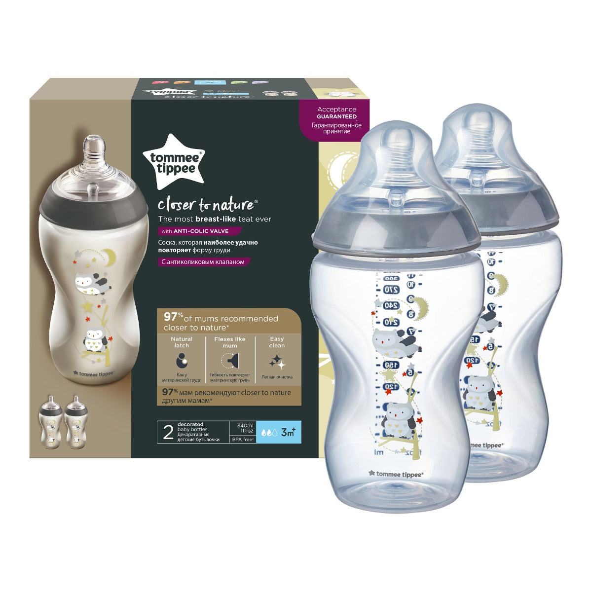 Tommee Tippee set 2 biberoane 340 ml Closer to Nature 3m+, Bufnita