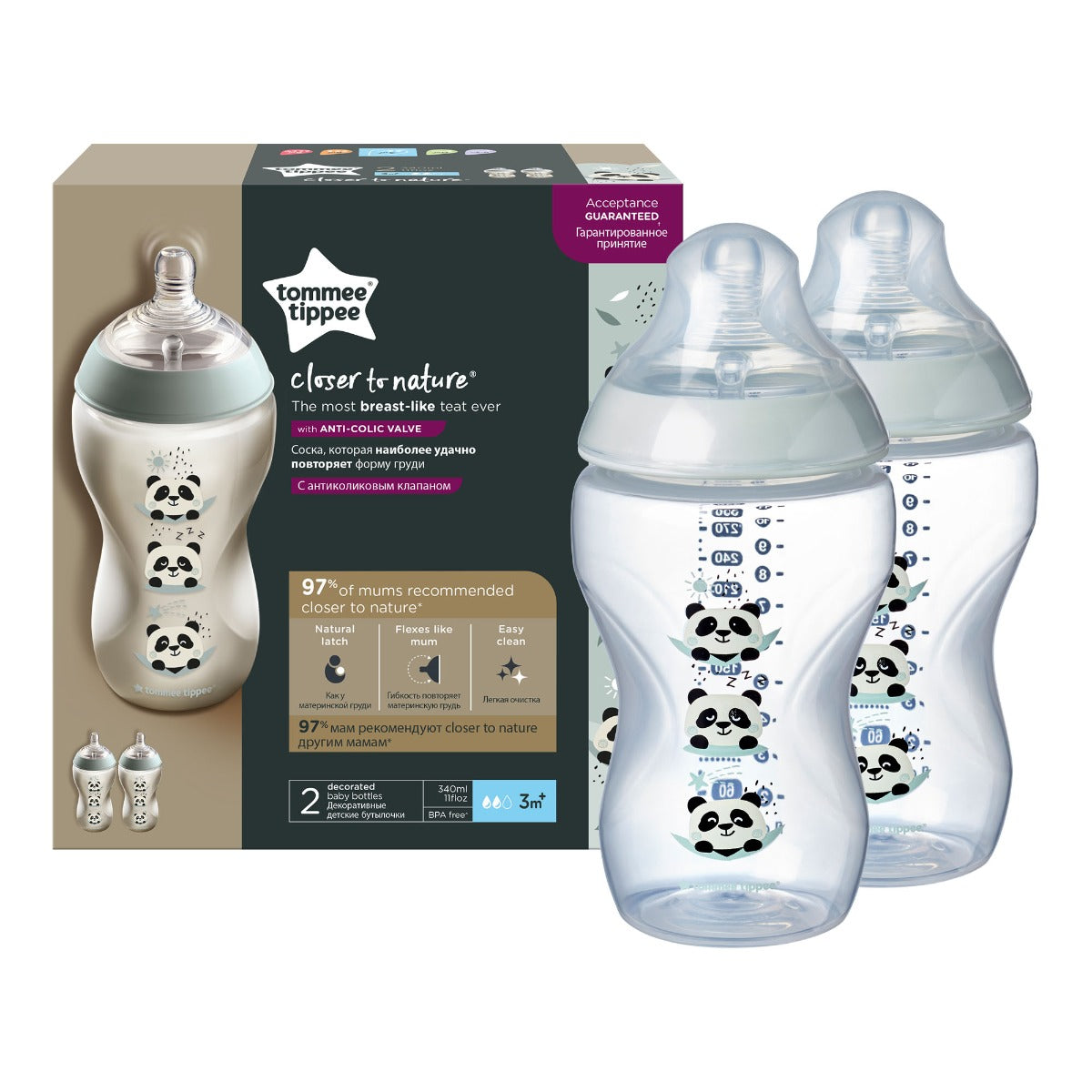 Tommee Tippee set 2 biberoane 340 ml Closer to Nature 3m+, Panda
