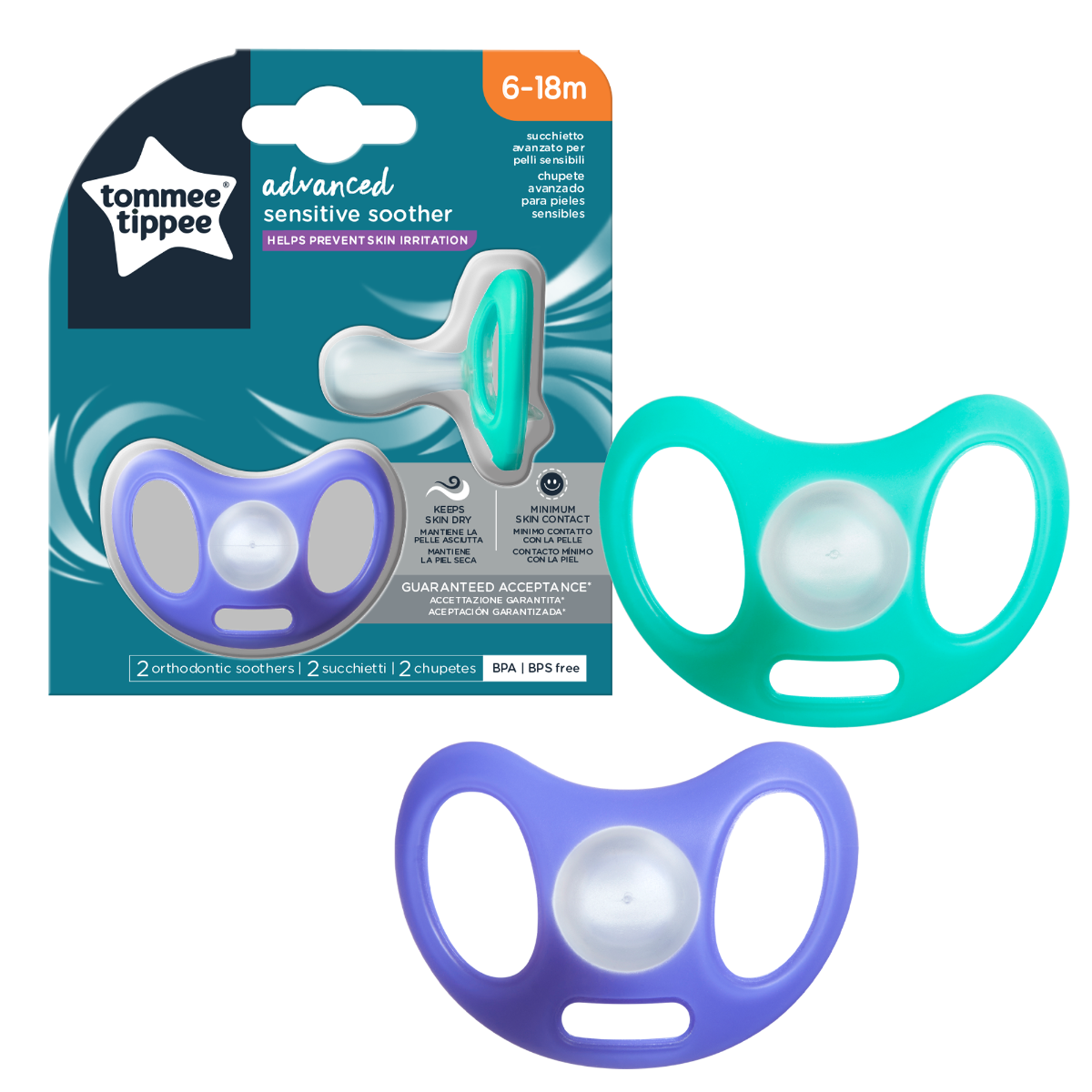Tommee Tippee suzeta Advanced Sensitive 0-6 luni, 2 buc, Mov/Turquise