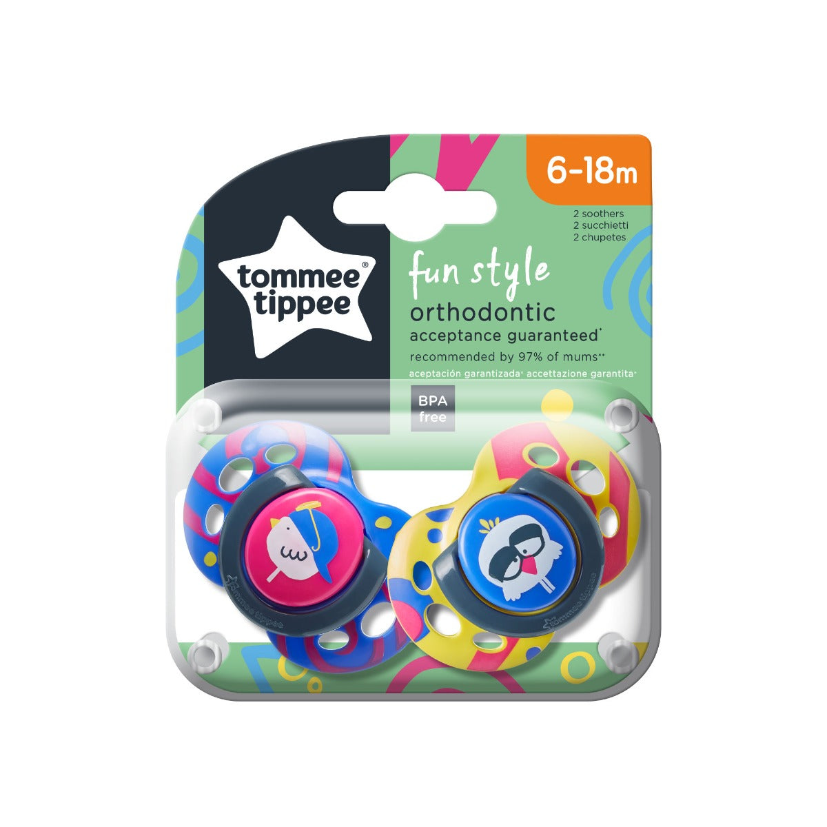 Tommee Tippee suzeta silicon ortodontica Fun Style 6-18 luni, 2 buc Pasare Imagine principală a produsului