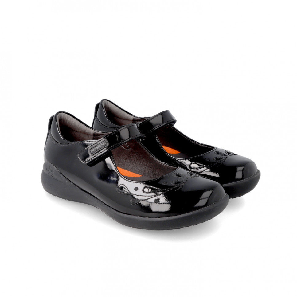 Biomecanics pantofi fete Back To School 24-28 Charol Negro lacuit cu perforatii florale
